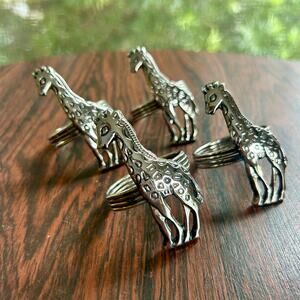 Vintage Giraffe Napkin Rings Set of 4 – Silver Tone Safari Animal Table Decor